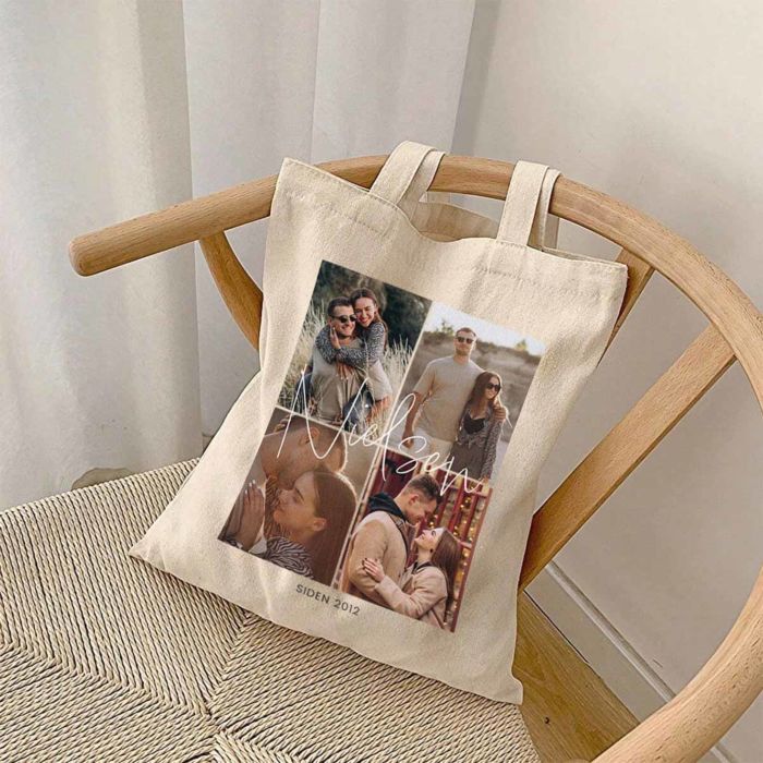 Personlig tote bag med 4 fotos og tekst